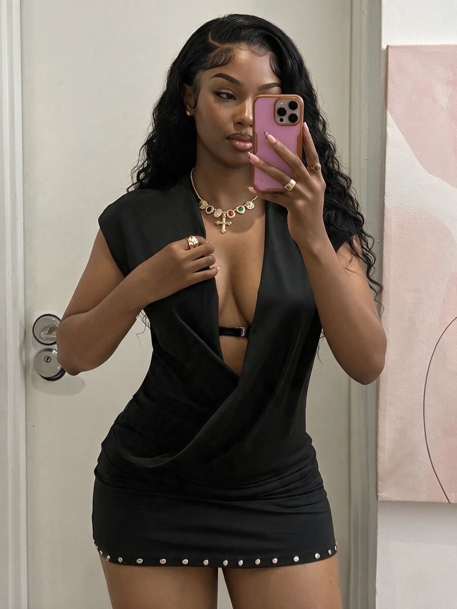 Fiercella Fiercella Summer Drape Cowl Neck Low Cut Sexy Short Dress For Women, Elastic Fabric Ruched Waist Rivet Trim Slimming Bodycon Dating Going Out Party Club Black