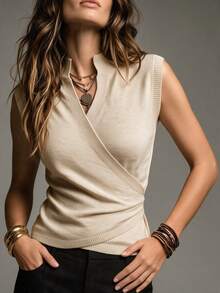 SHEIN Women Mock Neck Sleeveless Knit Vest, Wrap Cross Front Ruched Slim Fit Sweater Tank Top - Apricot - View 7