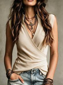SHEIN Women Mock Neck Sleeveless Knit Vest, Wrap Cross Front Ruched Slim Fit Sweater Tank Top - Apricot - View 8