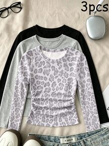 SHEIN Tween Girls Casual Crew Neck Long Sleeve Tops 3 Pcs, Versatile Fall Everyday Tops - Multicolor - View 1