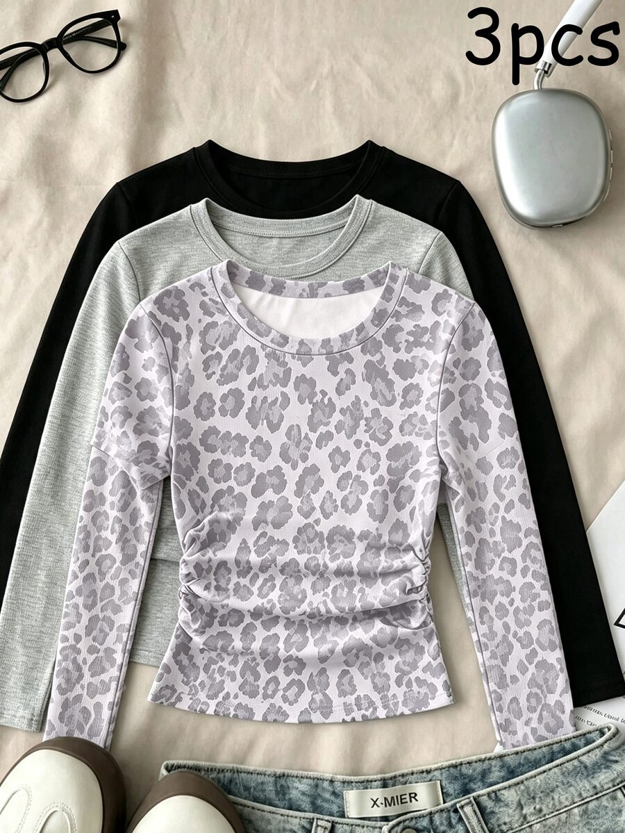 SHEIN Tween Girls Casual Crew Neck Long Sleeve Tops 3 Pcs, Versatile Fall Everyday Tops - Multicolor - View 1