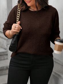 Easura Plus Size Minimalist Casual Daily Long Sleeve Pullover Sweater, Winter Knit Pullover Fall Autumn - Brown - View 5