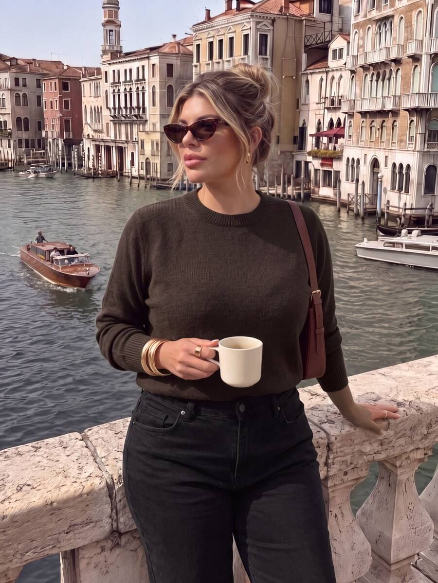 Easura Plus Size Minimalist Casual Daily Long Sleeve Pullover Sweater, Winter Knit Pullover Fall Autumn - Brown - View 1