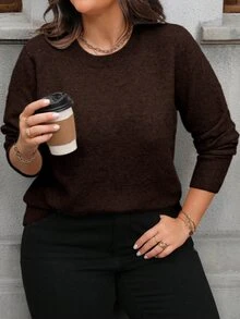 Easura Plus Size Minimalist Casual Daily Long Sleeve Pullover Sweater, Winter Knit Pullover Fall Autumn - Brown - View 6
