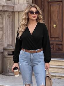 Easura Plus Deep V Neck Lantern Sleeve Bodysuit, Winter Fall Cloth For Women - Black - View 1