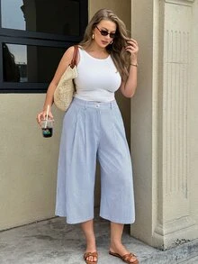 Easura Plus Size Striped Casual Capri Pants With Pockets And Buttons - Blue - View 6