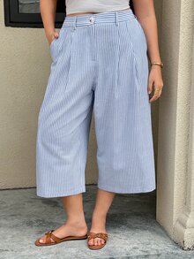 Easura Plus Size Striped Casual Capri Pants With Pockets And Buttons - Blue - View 5