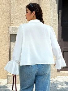 Easura 女款荷葉邊長袖百褶優雅休閒簡約百搭大尺碼襯衫 秋季辦公室早午餐白色 - 白色 - 查看 2