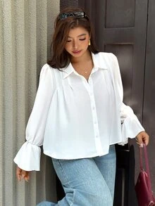 Easura 女款荷葉邊長袖百褶優雅休閒簡約百搭大尺碼襯衫 秋季辦公室早午餐白色 - 白色 - 查看 8