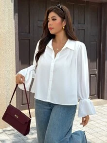 Easura 女款荷葉邊長袖百褶優雅休閒簡約百搭大尺碼襯衫 秋季辦公室早午餐白色 - 白色 - 查看 7