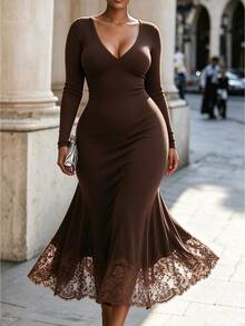 Easura French Vintage Elegant Commuter V-Neck Fitted Lace Patchwork Brown Dress Fall - Brown - View 4