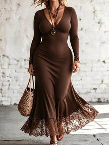 Easura French Vintage Elegant Commuter V-Neck Fitted Lace Patchwork Brown Dress Fall - Brown - View 7