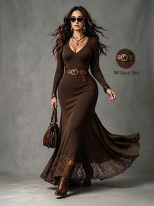 Easura French Vintage Elegant Commuter V-Neck Fitted Lace Patchwork Brown Dress Fall - Brown - View 6