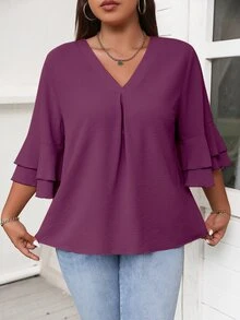 Easura Plus Solid V Neck Flounce Sleeve Blouse Fall - Red Violet - View 4