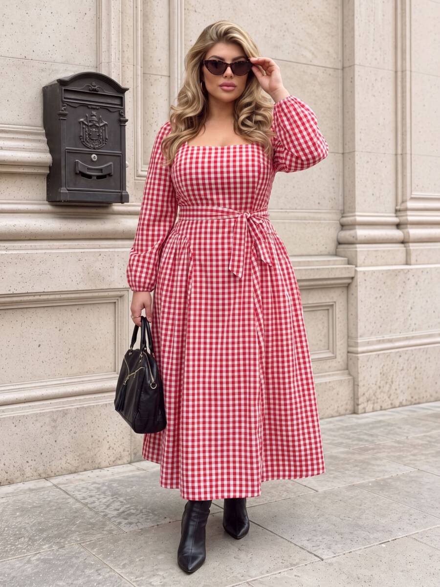 Easura Damska sukienka plus size z długim rękawem, kwadratowym dekoltem ...