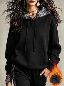 Glimmora Women's Casual Fashion Drawstring Long Sleeve Sweatshirt - Black - View 3