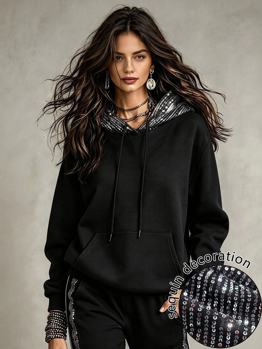 Glimmora Women's Casual Fashion Drawstring Long Sleeve Sweatshirt - Black - View 1