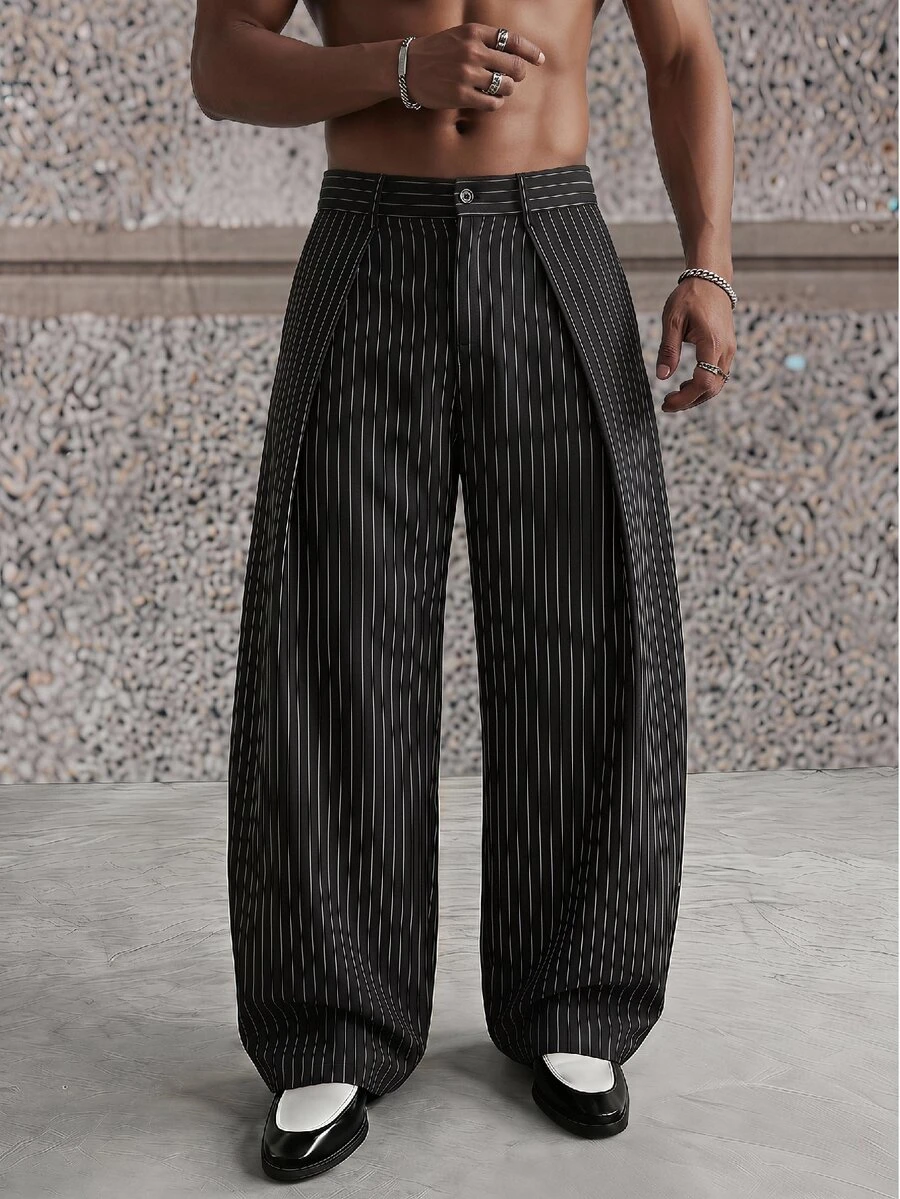 ESTAVOR Men's Fashion Commuter Striped Loose Fit Pants - Black and White - View 1