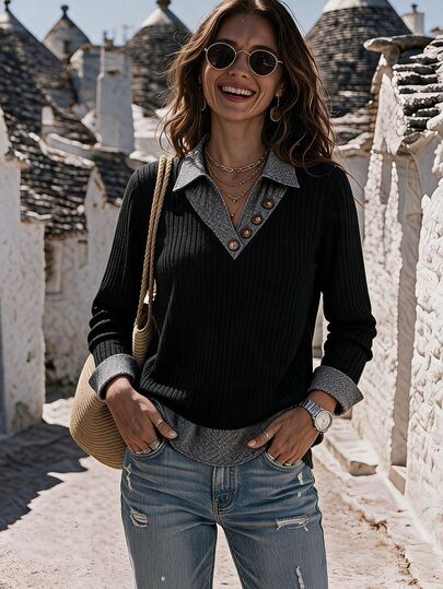 Breezaya Top décontracté pour femmes avec design de col à revers et boutons, manches longues, blocs de couleurs