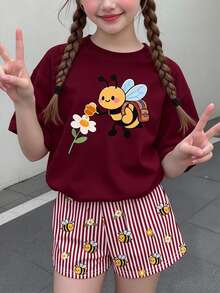 Tween Girl 童女休閒簡約卡通圖案短袖上衣與短褲兩件套，適合 - 彩色 - 查看 5