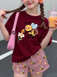 Tween Girl 童女休閒簡約卡通圖案短袖上衣與短褲兩件套，適合 - 彩色 - 查看 1