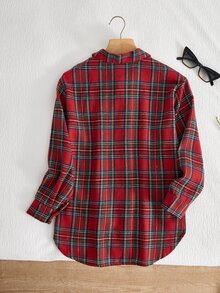 SHEIN Girls' Vintage Preppy Red Plaid Long Sleeve Shirt, Classic Pattern With Collared Design, Loose Drop Shoulder Fit For Casual, Fall Top, For School - Red - View 2