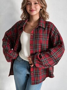 SHEIN Girls' Vintage Preppy Red Plaid Long Sleeve Shirt, Classic Pattern With Collared Design, Loose Drop Shoulder Fit For Casual, Fall Top, For School - Red - View 3