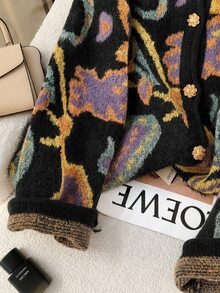 EMERY ROSE 2025 Plus Size Women's Fashionable Casual Minimalist Versatile Multi-Colour Fair Isle Pattern Gemstone Floral Button Small Round Neck Knitted Cardigan - Black - View 5