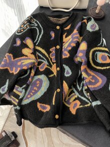 EMERY ROSE 2025 Plus Size Women's Fashionable Casual Minimalist Versatile Multi-Colour Fair Isle Pattern Gemstone Floral Button Small Round Neck Knitted Cardigan - Black - View 8