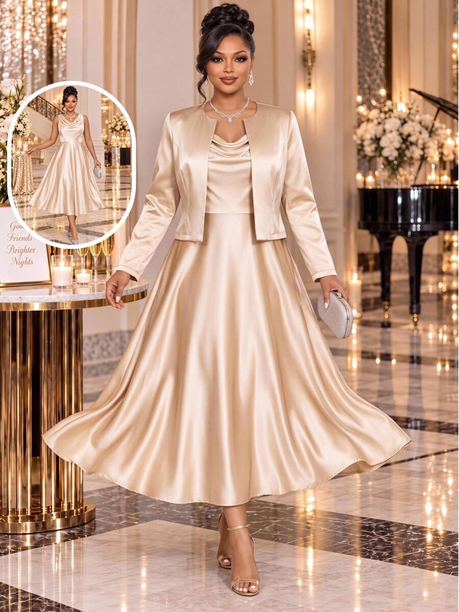 Fleurora Plus Size Women's Solid Color Cowl Neck Dress And Cardigan Casual Elegant 2 Pieces Set Fall New Year Wedding Formal Champagne - Multicolor - View 1