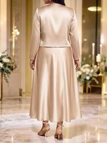 Fleurora 大尺碼女款純色垂領洋裝與開襟衫休閒優雅兩件套，秋季新年婚禮正式香檳色 - 彩色 - 查看 6