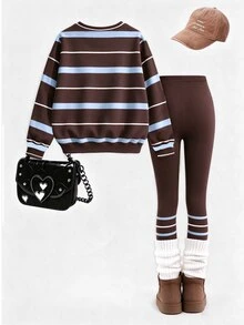 (1 Set) Tween Girls Autumn/Winter Casual Fashion Blue & Brown Horizontal Striped Colorblock Crew Neck Sweatshirt With Leggings - Multicolor - View 2