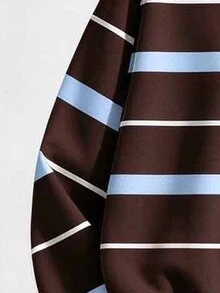 (1 Set) Tween Girls Autumn/Winter Casual Fashion Blue & Brown Horizontal Striped Colorblock Crew Neck Sweatshirt With Leggings - Multicolor - View 5