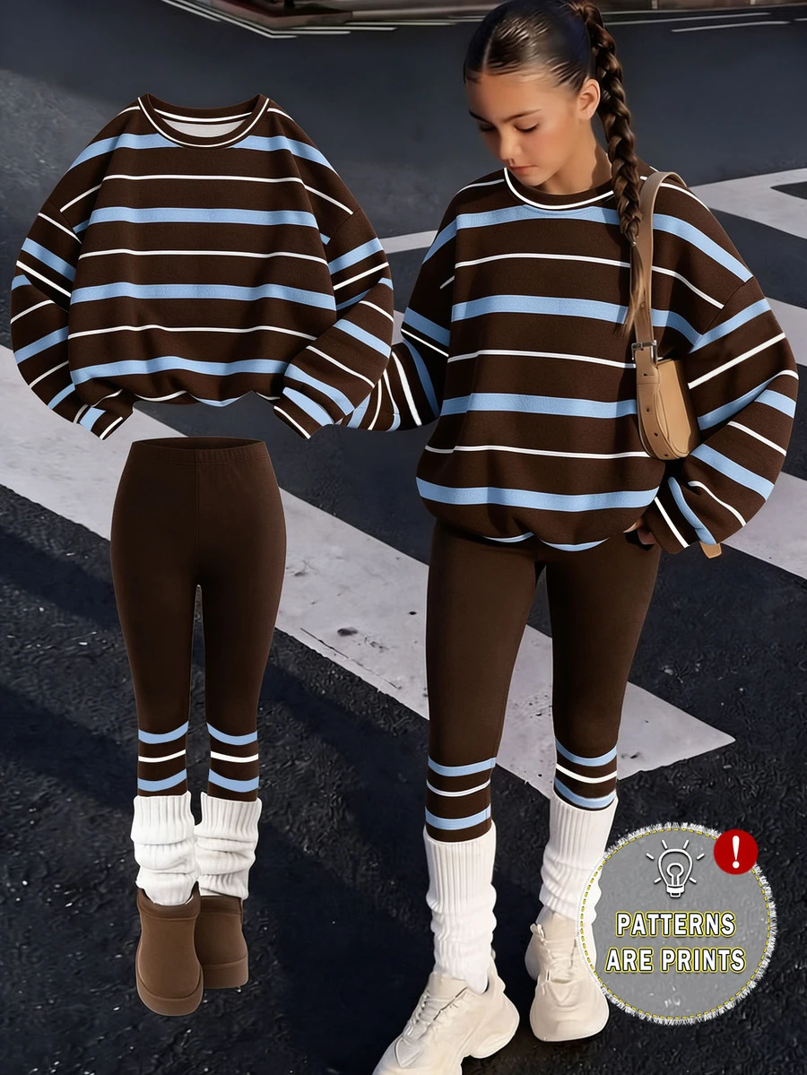 (1 Set) Tween Girls Autumn/Winter Casual Fashion Blue & Brown Horizontal Striped Colorblock Crew Neck Sweatshirt With Leggings - Multicolor - View 1