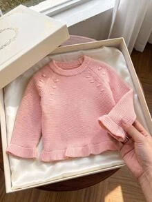 SHEIN Baby Girls Sweaters, Fashionable Round Neck Sweater, Fall Thick Chunky Knit, Christmas Strawberry Pattern Jacquard Pullover, Light Pink Fairy - Pink - View 1