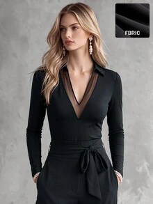 SHEIN Kaos Jala Kontras dengan Tali di Depan - Hitam - View 6
