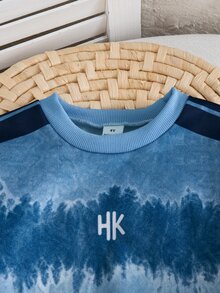 SHEIN 小男孩圖案印花拼色圓領運動衫與側條紋慢跑褲 2件式休閒運動套裝，適合秋冬日常穿著 - 藍色 - 查看 4