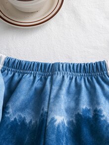 SHEIN 小男孩圖案印花拼色圓領運動衫與側條紋慢跑褲 2件式休閒運動套裝，適合秋冬日常穿著 - 藍色 - 查看 7