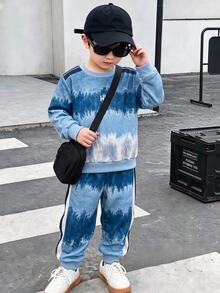 SHEIN 小男孩圖案印花拼色圓領運動衫與側條紋慢跑褲 2件式休閒運動套裝，適合秋冬日常穿著 - 藍色 - 查看 1