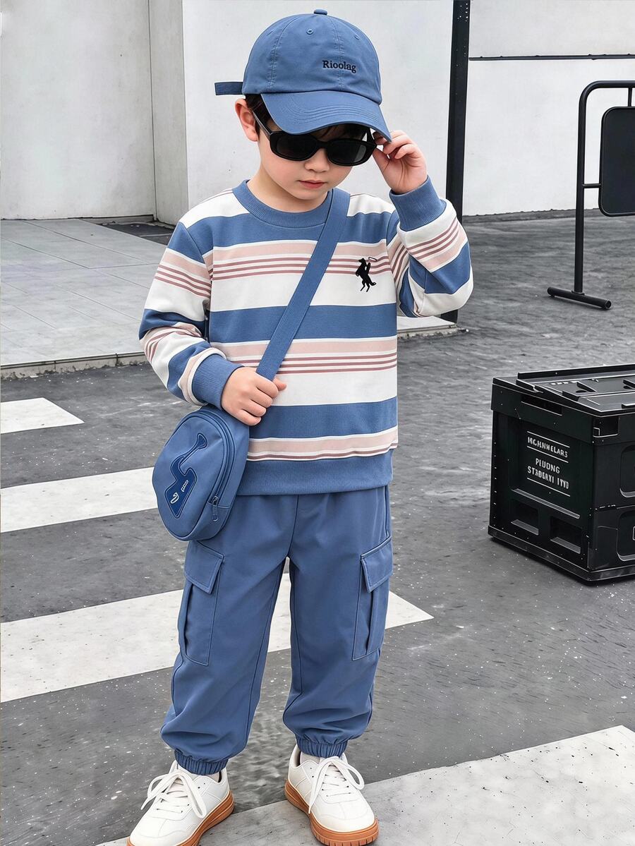 SHEIN 2件組男孩休閒運動套裝,大學街頭風,衛衣+長褲,適合日常穿著、上學、旅行、運動,秋季適用 - 藍色 - 查看 1