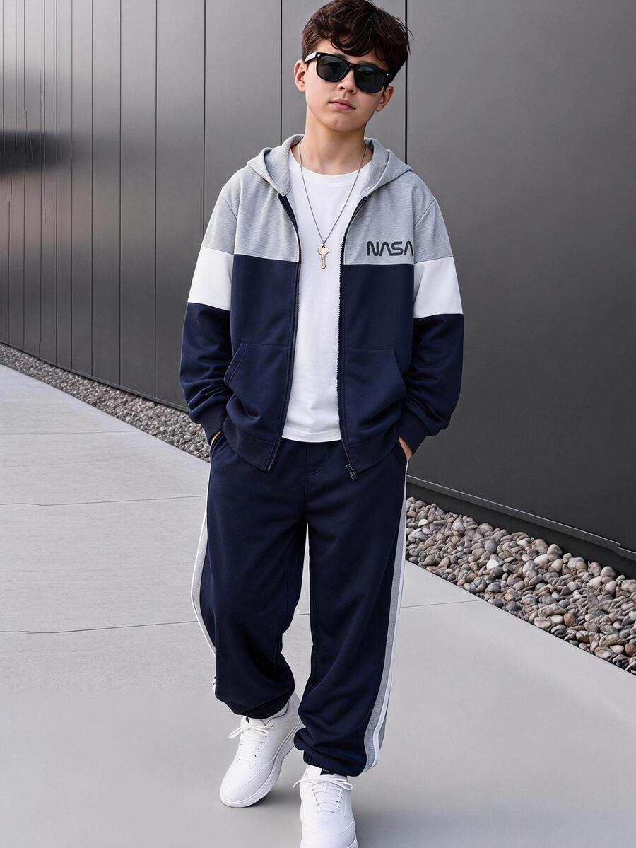 青少年男孩拼色拉鍊連帽外套+側條紋長褲 2件組 秋冬休閒寬鬆街頭風運動套裝,適合學校、海灘,黑色 - 藍色 - 查看 1