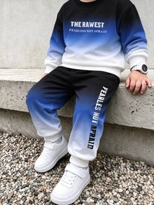 SHEIN 小男孩字母印花漸層拼色運動衫與慢跑褲2件組休閒運動套裝，適合秋冬校園、戶外與日常穿著 - 藍色 - 查看 8
