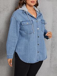 EMERY ROSE Plus Flap Pocket Drop Shoulder Drawstring Hooded Denim Jacket - Blue - View 5