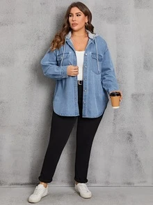 EMERY ROSE Plus Flap Pocket Drop Shoulder Drawstring Hooded Denim Jacket - Blue - View 6