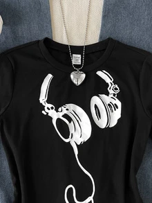KIDS Teen Girls Glowzi Black Y2K Headphone Graphic Ribbed Knit Crew Neck Hem Slim Fit Long Sleeve Crop T-Shirt Fall Winter - Black - View 3