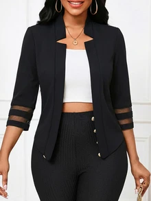 SHEIN Lady Women's Elegant Casual Classy Professional Business Solid Color Thin Blazer Jacket Commuting Work Office Teachers' Day Black Fall - Black - View 3