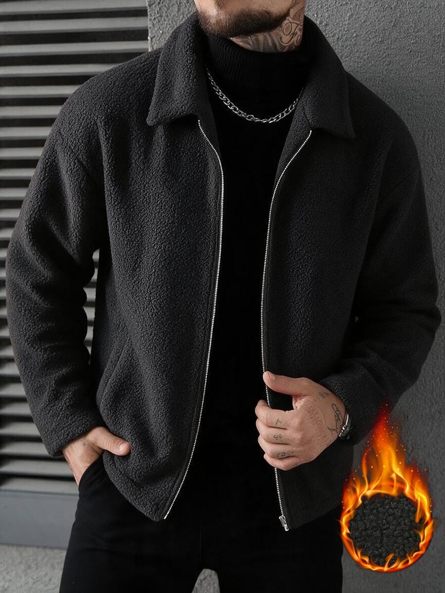 Manfinity CasualCool Men's Black Lambswool Collar Loose Teddy Fleece Jacket Coat Autumn/Winter - Black - View 1