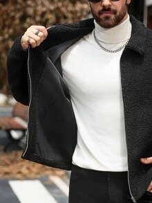 Manfinity CasualCool Men's Black Lambswool Collar Loose Teddy Fleece Jacket Coat Autumn/Winter - Black - View 3