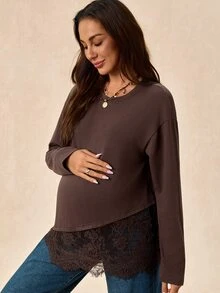 Boho Mama Maternity Solid Color Round Neck Long Sleeve Lace Hem T-Shirt - Chocolate Brown - View 7