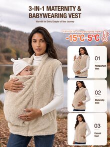 SHEIN 孕婦多功能舒適三合一拉鍊背心外套 - 卡其色 - 查看 1